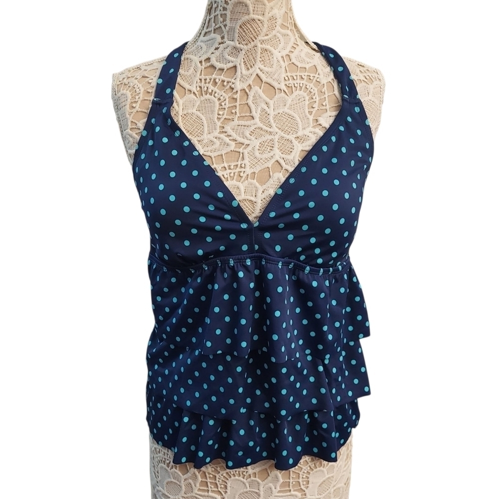 SOUTH POINT Blue Polka Dot Tiered Halter Swim Top New 14 Beach Nautical Resort